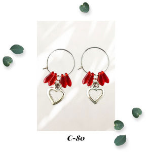 A Hearty Romance Red Heart Charm Hoop Earrings - Love - Bright - Dangle - Silver